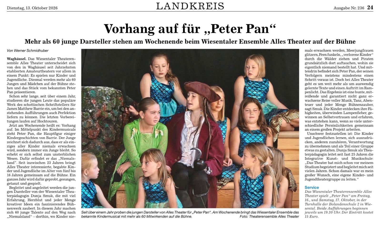 AllesTheaterPeterPan Zeitungsartikel mit der Ankündigung des neuesten Musicals "Peter Pan".